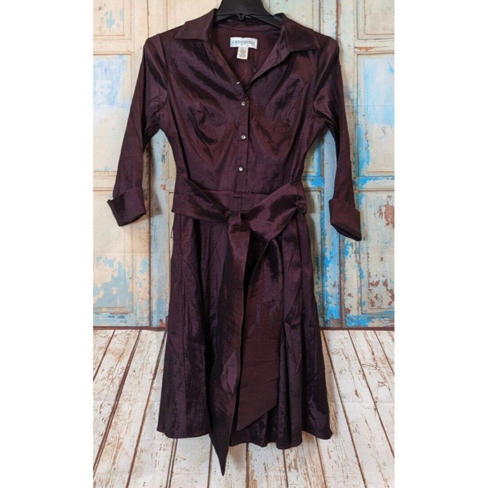 Emma Street Womens Size 14 Wine Purple Collared Tie Front Tafetta Dress 1123210